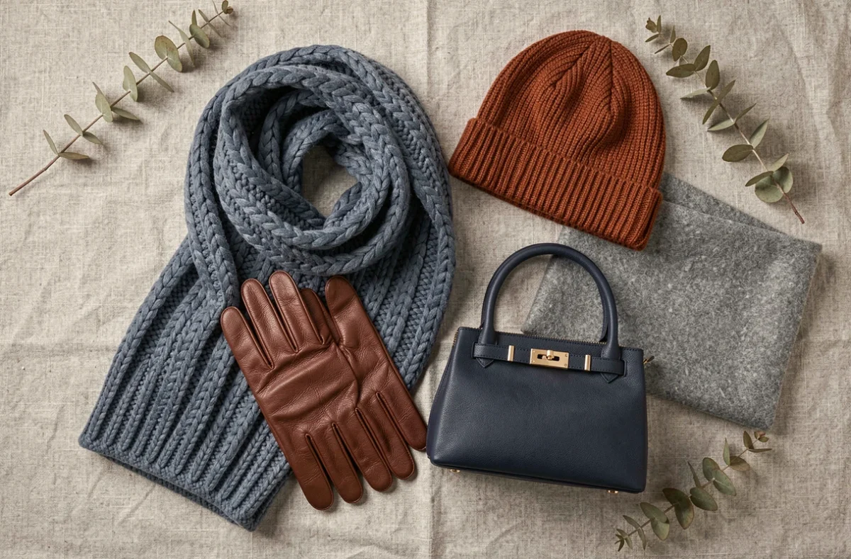 Flat lay d'accessoires mode hiver 2026 en couleurs tendance : écharpe bleu ardoise, gants marron, bonnet terracotta et sac bleu marine sur fond de lin
