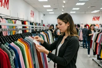 Jeune femme hésitante devant un rayon H&M examinant l'étiquette d'un vêtement, questionnant l'éthique de la fast fashion