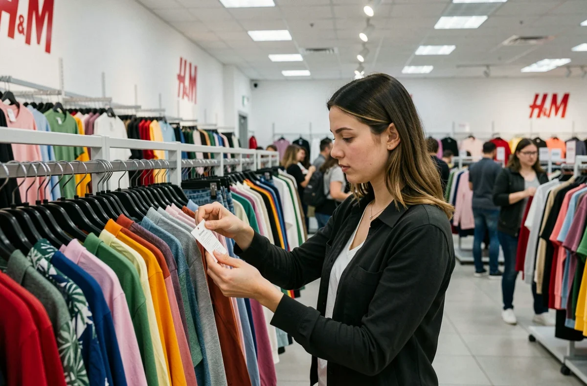 Jeune femme hésitante devant un rayon H&M examinant l'étiquette d'un vêtement, questionnant l'éthique de la fast fashion