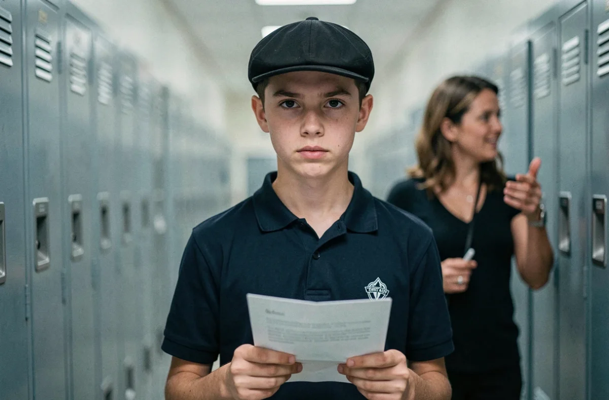 Adolescent portant une casquette dans un couloir de lycée avec un avis de règlement scolaire à la main, évoquant l'interdiction du port de casquette à l'école