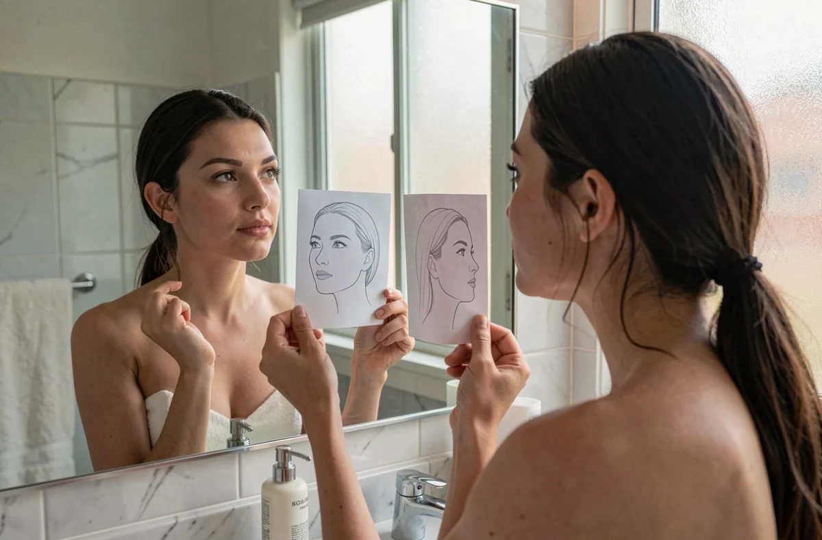 Jeune femme analysant la forme de son visage devant un miroir pour déterminer quelle coiffure lui convient le mieux