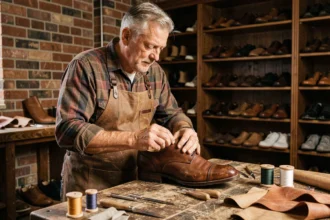 Artisan cordonnier cousant à la main une chaussure en cuir de qualité dans un atelier traditionnel