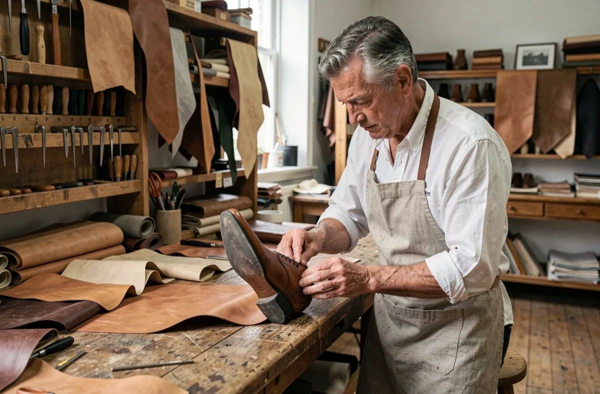 Artisan cordonnier cousant à la main une chaussure en cuir dans un atelier de luxe artisanal parisien