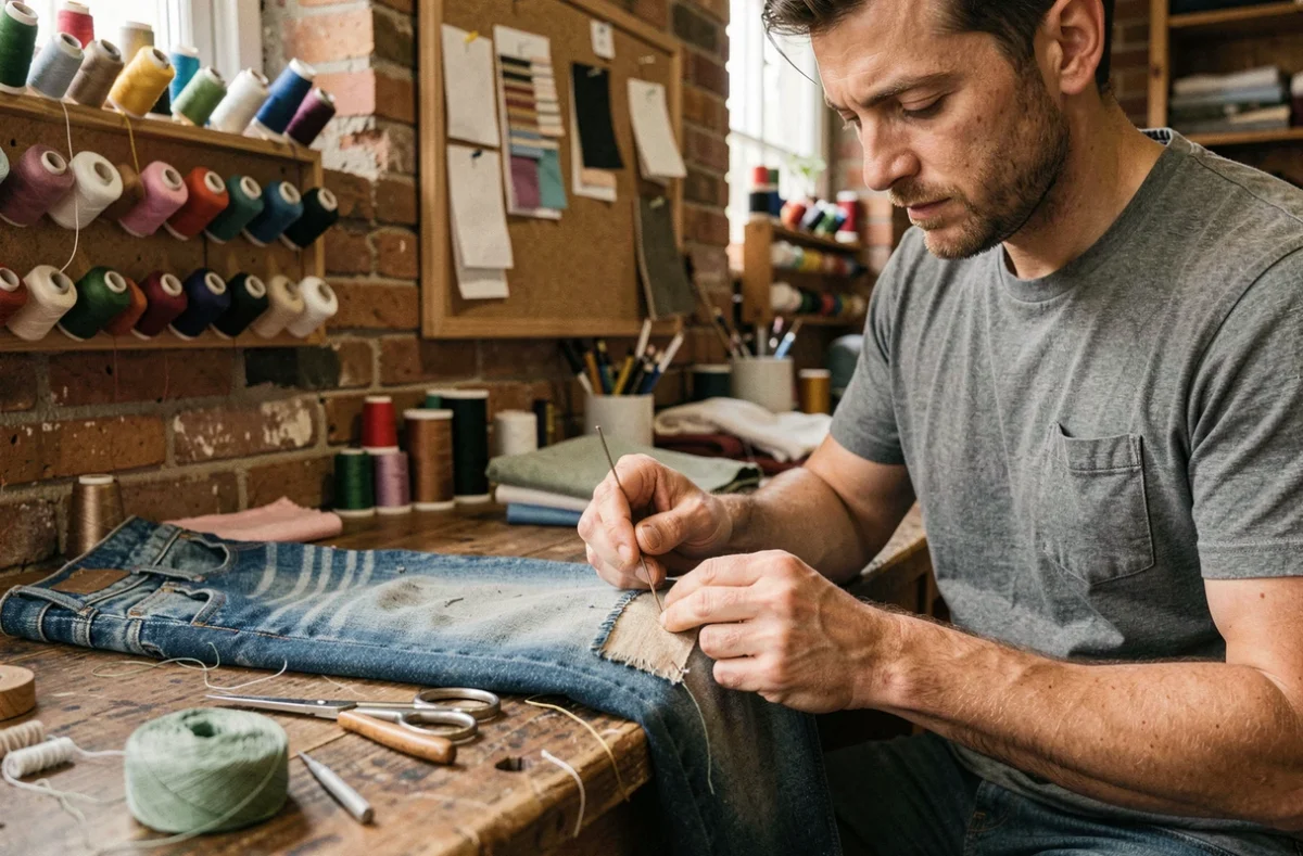 Homme réparant un jean dans un atelier de couture artisanal comme alternative durable à la fast fashion