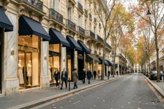 Avenue Montaigne à Paris avec ses boutiques de luxe et façades haussmanniennes élégantes