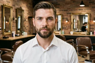 Homme aux traits affinés grâce à une barbe courte et bien taillée dans un salon de coiffure urbain moderne