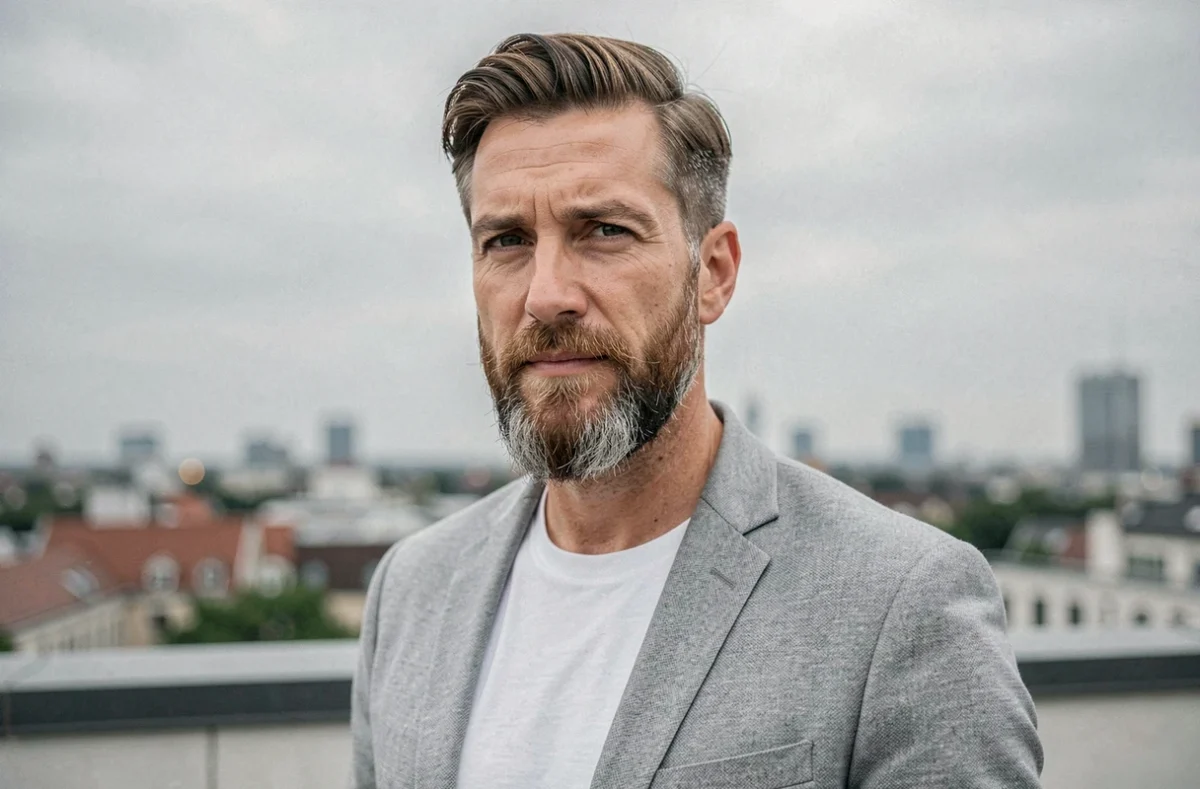 Homme mature avec une barbe mi-longue taillée pour allonger et affiner les traits du visage sur un rooftop urbain