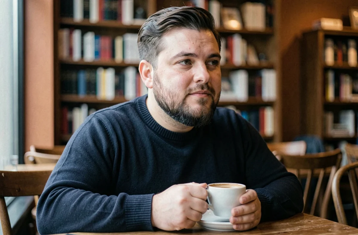 Jeune homme avec une barbe de trois jours sculptée pour affiner un visage rond dans un café chaleureux