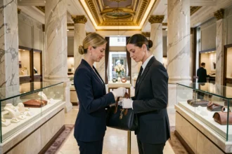 Intérieur d'une boutique de luxe avec colonnes en marbre, vitrines bijoux et vendeuse en gants blancs servant une cliente élégante