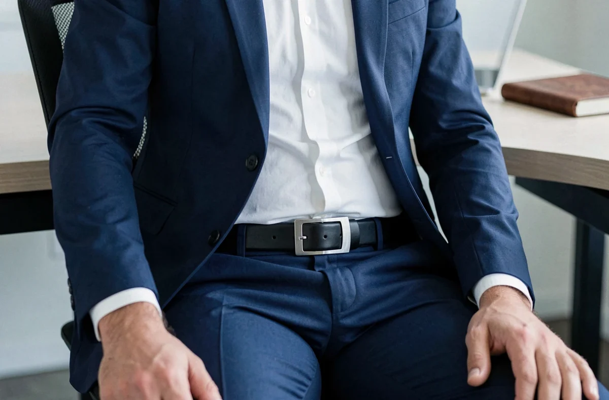 Homme en costume bleu marine portant une ceinture en cuir noir de largeur classique assis à un bureau moderne dans un cadre professionnel