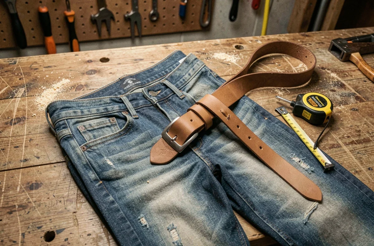 Ceinture en cuir trop longue posée sur un établi avec mètre ruban et poinçon pour ajustement