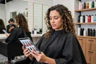 Femme aux cheveux bouclés consultant un coiffeur professionnel pour choisir une coiffure adaptée à son visage