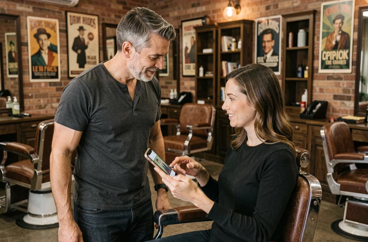 Coiffeur masculin attentif écoutant sa cliente dans un barbershop industriel vintage avec chaise en cuir