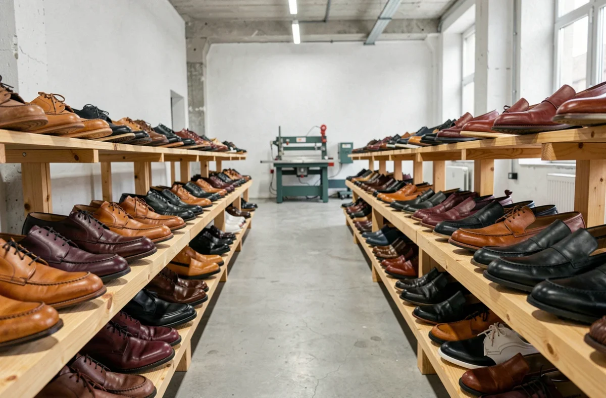 Collection de chaussures en cuir haut de gamme exposées sur des étagères dans un showroom de fabricant italien