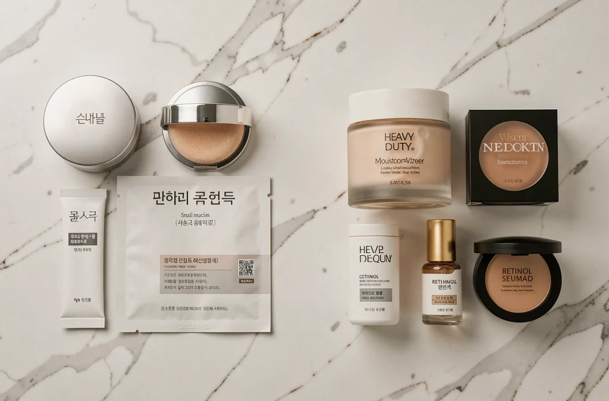 Comparaison en vue de dessus de produits cosmétiques coréens et occidentaux disposés sur marbre blanc