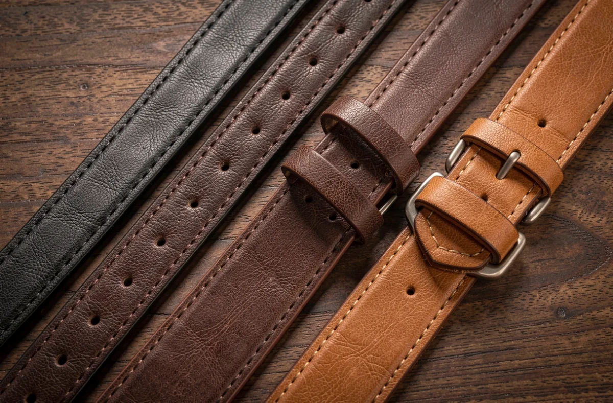 Comparaison de trois ceintures habillées de largeurs différentes en cuir noir, marron et cognac posées sur une surface en acajou