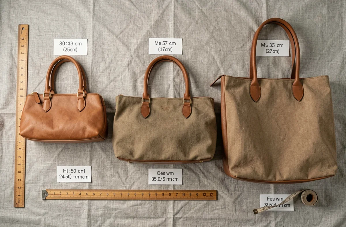 Comparaison de tailles de sacs à main avec étiquettes de dimensions et mètre ruban en vue de dessus