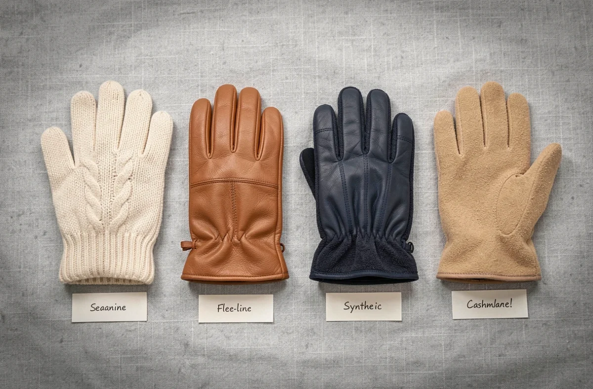 Comparatif de matières pour gants d'hiver : laine, cuir, polaire et cachemire disposés en flat lay sur fond lin gris