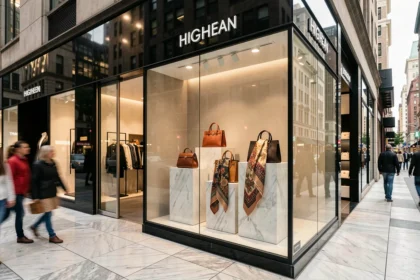 Vitrine élégante d'une boutique de mode de luxe sur un boulevard haut de gamme, avec sacs en cuir et accessoires exposés derrière une façade en verre