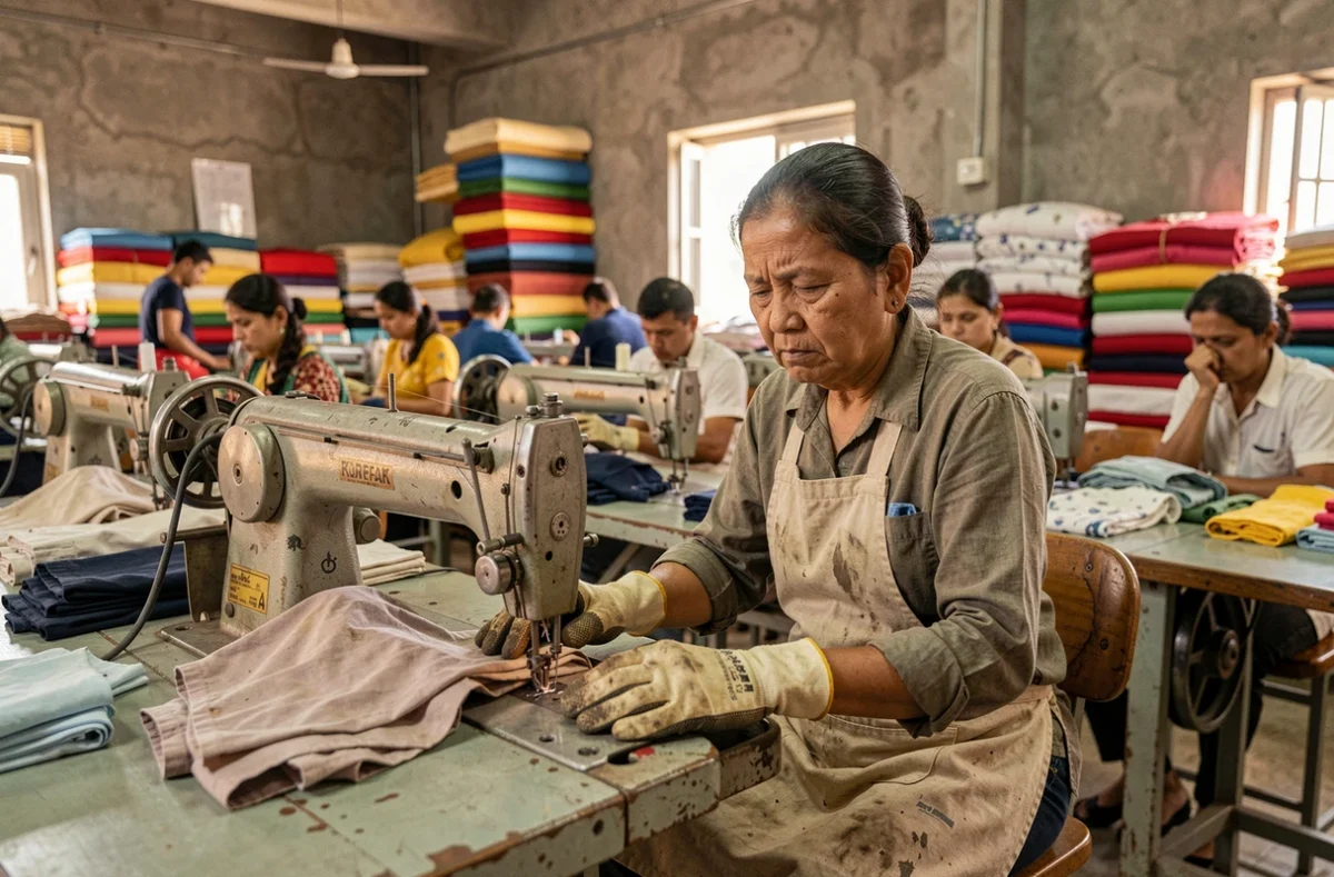 Ouvrière textile travaillant sur une machine à coudre industrielle dans une usine de confection, illustrant les conditions de travail dans la chaîne d'approvisionnement de la fast fashion