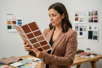 Consultante en couleurs tenant un nuancier Pantone ouvert sur la teinte porte-bonheur 2026 dans un studio de design moderne