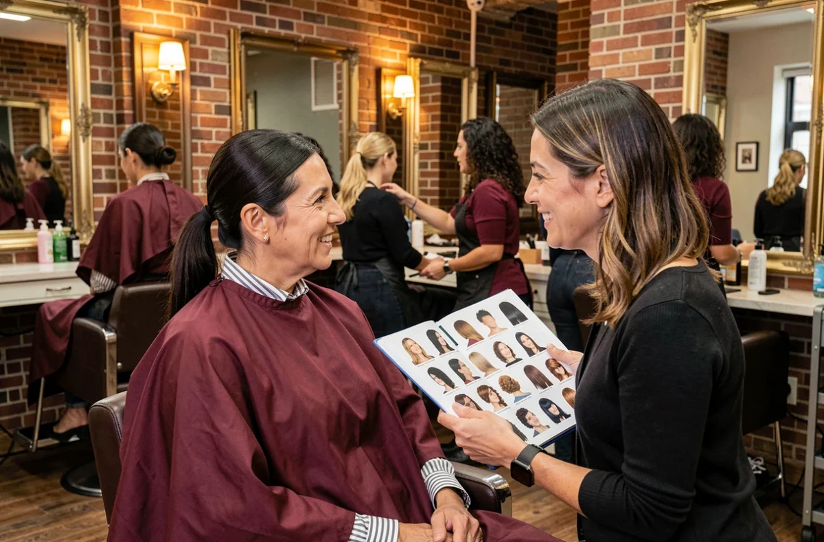 Femme en consultation de coiffure avec son styliste dans un salon haut de gamme feuilletant un lookbook