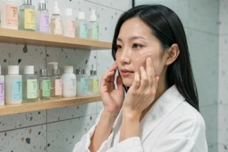 Femme coréenne appliquant un sérum essence sur son visage dans une salle de bain minimaliste avec des produits de soin coréens