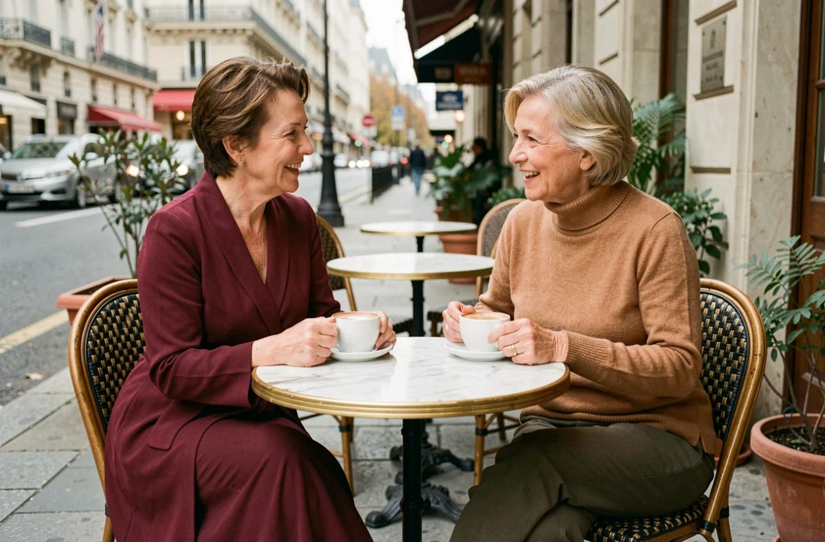 Deux femmes élégantes de plus de 60 ans à la terrasse d'un café parisien, portant des couleurs automnales adaptées à leur âge comme le bordeaux et le camel