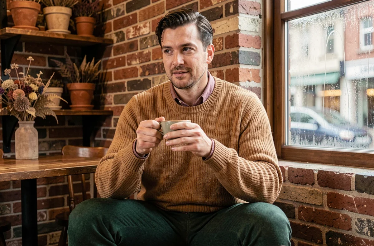 Homme en pull camel et pantalon vert forêt assis dans un café, représentant les associations de couleurs mode pour l'hiver 2026