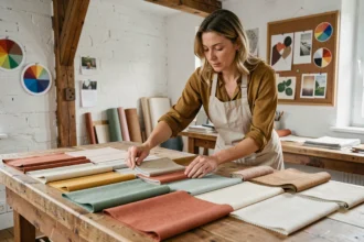 Designer d'intérieur arrangeant des échantillons de tissus aux couleurs coordonnées terracotta, vert sauge et crème sur une table en bois dans un studio créatif