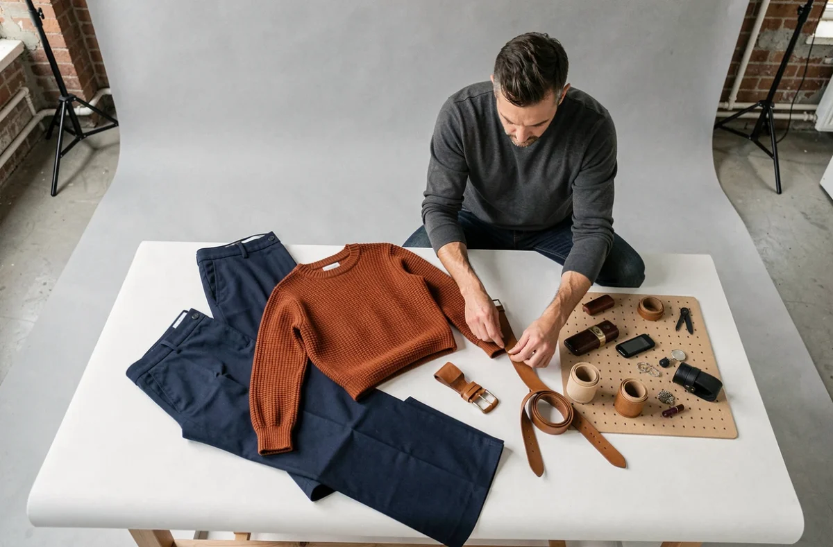 Styliste mode masculin composant un flat lay vestimentaire avec des couleurs complémentaires marine, rouille et camel sur fond blanc en studio