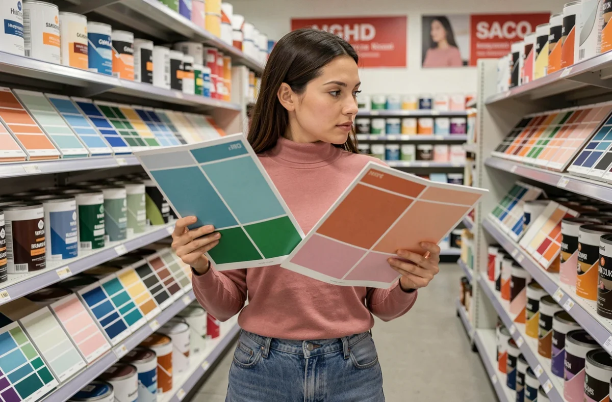 Jeune femme dans une peinturerie comparant deux palettes de couleurs harmonieuses, blues-verts et corail-rose, pour décorer son intérieur