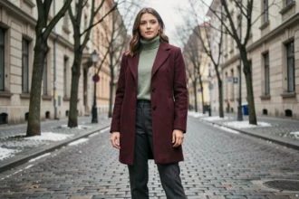 Femme portant un manteau bordeaux et un col roulé vert sauge dans une rue pavée en hiver 2026, illustrant les couleurs tendance de la saison