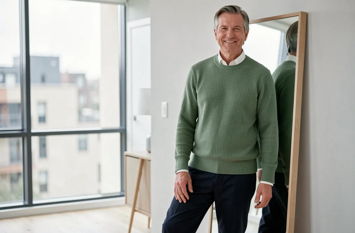 Homme mature aux cheveux poivre et sel portant un pull vert sauge et un pantalon marine, couleurs tendance pour les hommes de plus de 50 ans