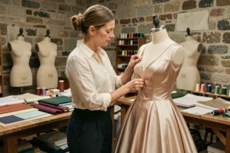 Couturière travaillant à la main sur une robe de soirée dans un atelier de haute couture parisien
