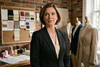 Créatrice de mode célèbre dans son atelier de haute couture entourée de tissus et de croquis de mode
