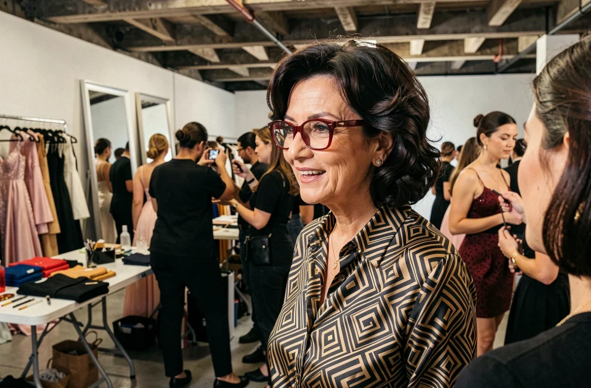 Célèbre créatrice de mode en coulisses d'un défilé haute couture supervisant la préparation des mannequins