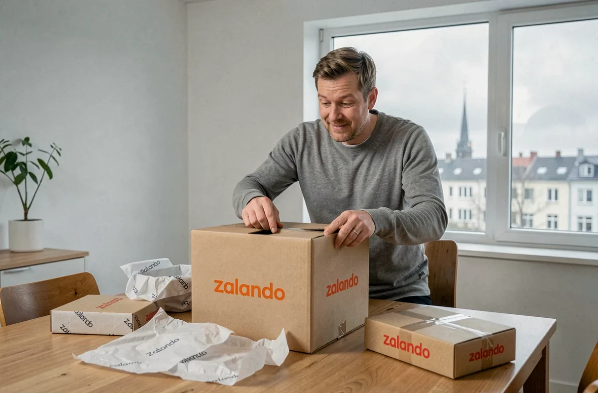 Homme déballant une commande Zalando dans un appartement de style scandinave