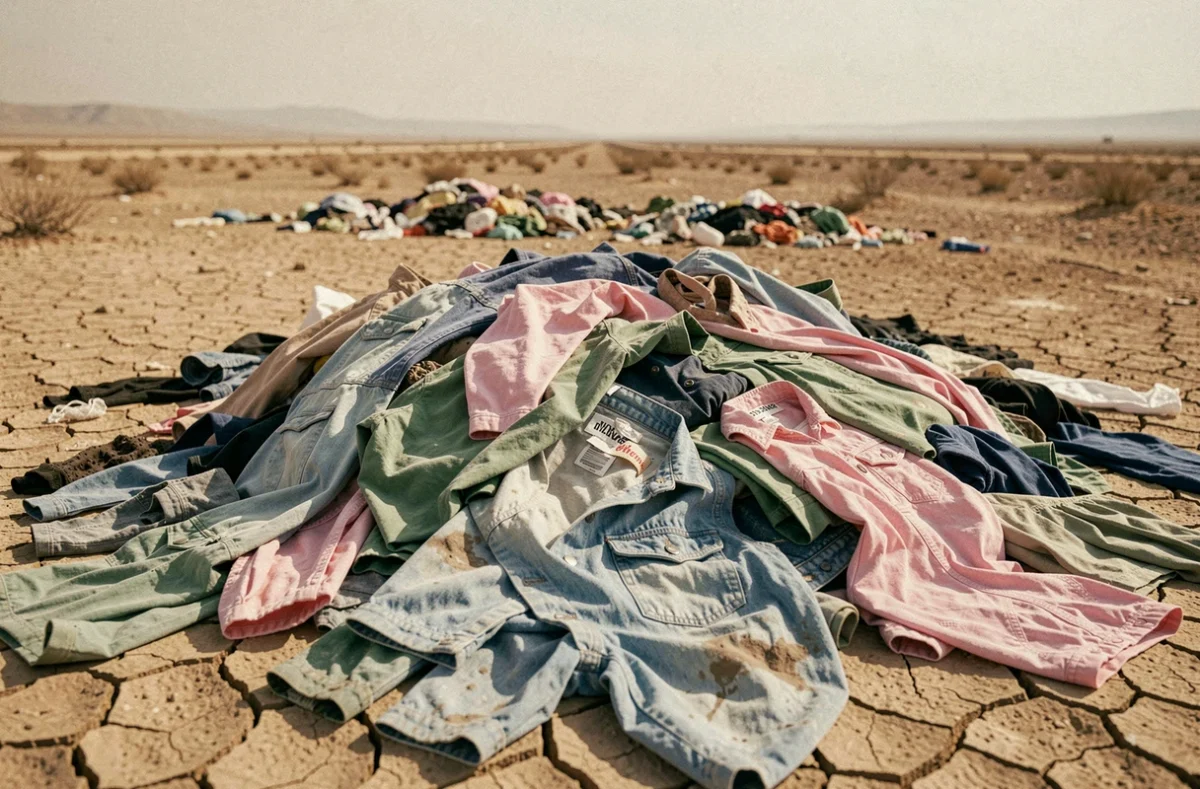 Amas de vêtements fast fashion jetés sur une terre aride, symbolisant la pollution textile et les déchets générés par la mode rapide