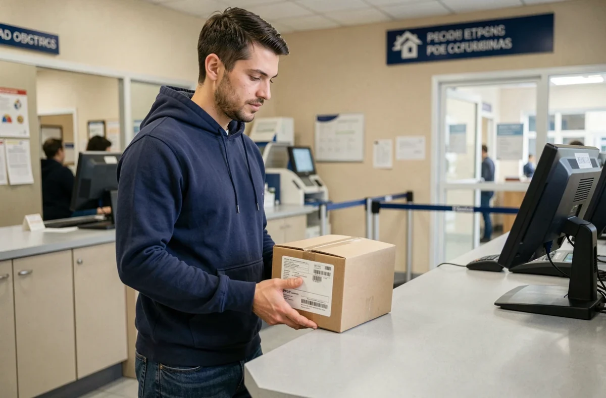 Homme déposant un colis Vinted avec étiquette d'expédition au comptoir d'un bureau de poste en France