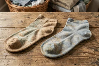 Comparaison entre une paire de chaussettes usées et une paire neuve posées sur une table en bois, illustrant la durée de vie des chaussettes