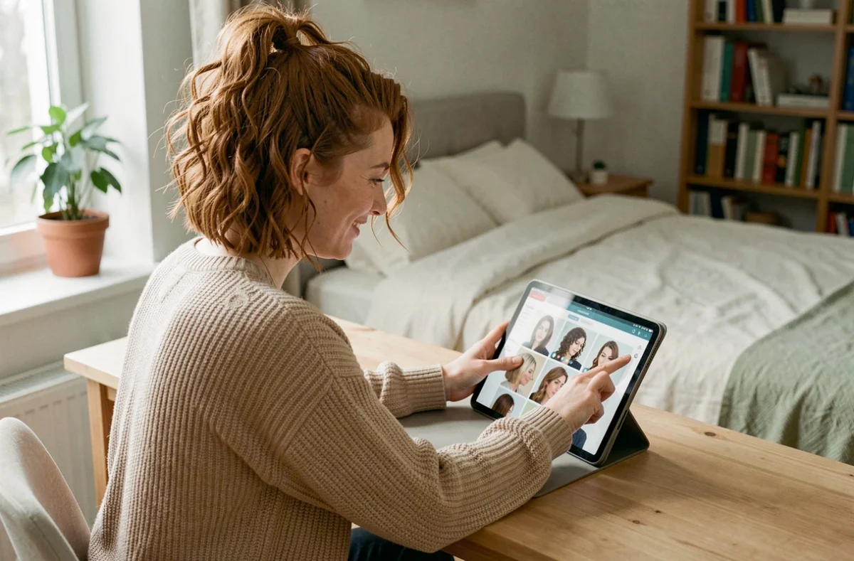 Jeune femme aux cheveux bouclés essayant virtuellement une nouvelle coiffure sur tablette dans sa chambre