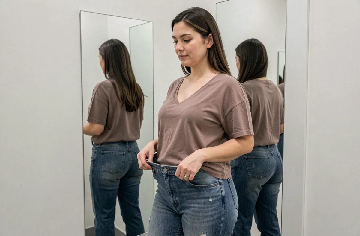 Femme à ventre rond essayant un jean bootcut dans une cabine d'essayage moderne