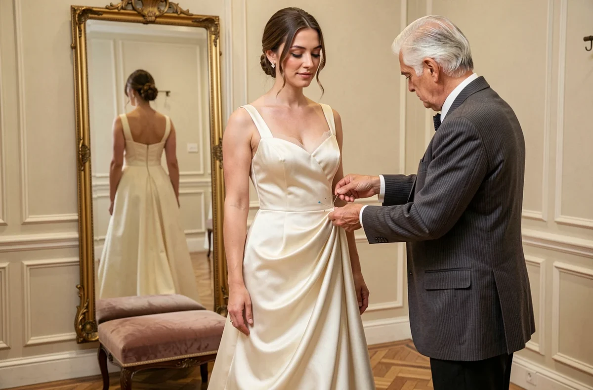 Essayage d'une robe de haute couture sur mesure dans un salon de couture luxueux avec miroir doré