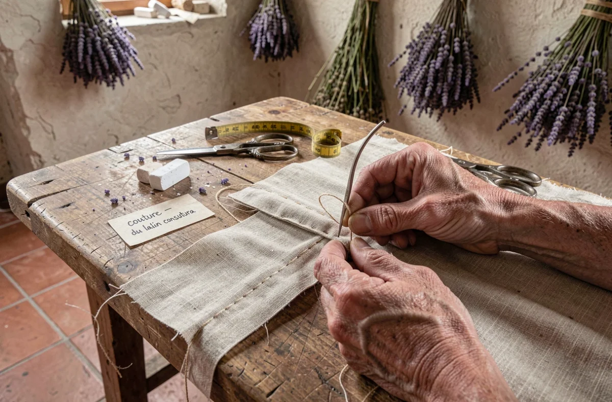 Mains de couturier cousant du lin naturel à la main avec des outils anciens et une étiquette mentionnant l'étymologie latine du mot couture