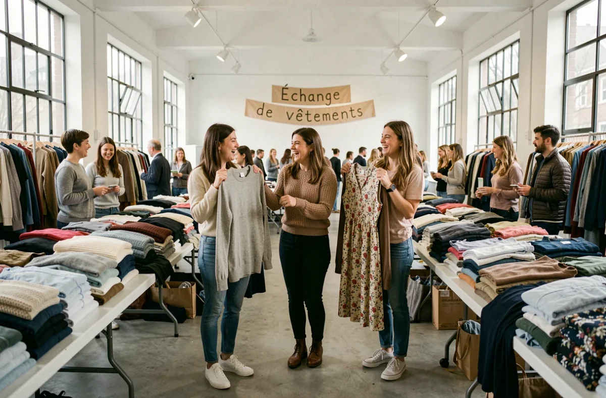 Groupe de femmes participant à un événement d'échange de vêtements comme solution contre la fast fashion