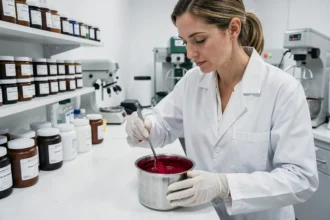 Chimiste cosméticienne mélangeant un pigment rouge dans un laboratoire de fabrication de rouge à lèvres