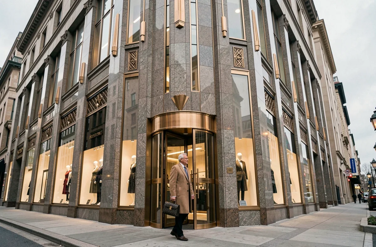 Façade Art Déco d'un grand magasin de luxe avec vitrines haute couture et client en manteau en cachemire entrant par une porte à tambour