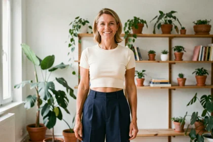 Femme de 44 ans portant un crop top crème avec un pantalon taille haute dans un appartement parisien