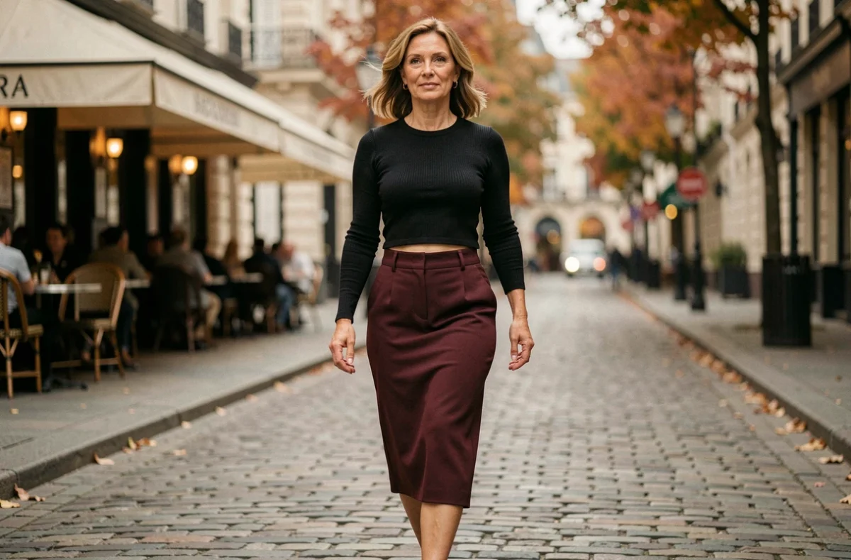 Femme élégante de 47 ans en crop top noir et jupe midi bordeaux marchant dans une rue pavée européenne